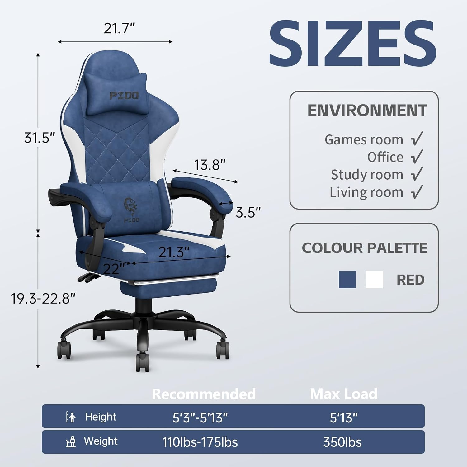 PZDO Comfortable Blue Gaming Chair