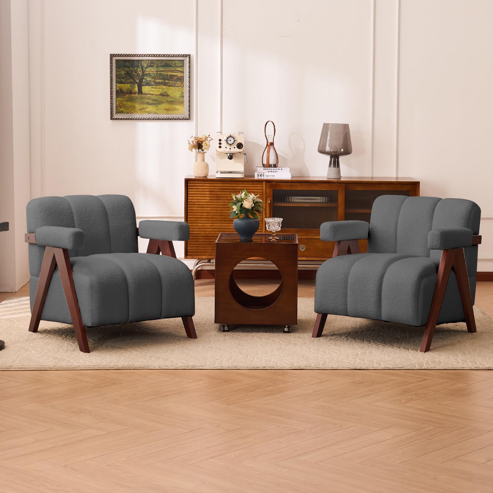 Dailyhome Accent Chairs Set of 2 Mid-Century Modern with Wide Backrest for Bedroom, Upholstered Living Room Chair with Woode…