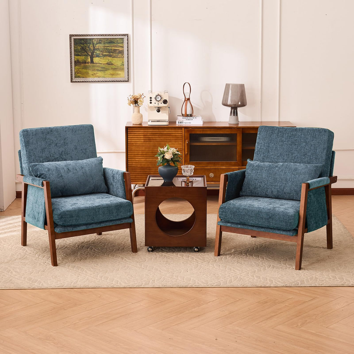 Dailyhome Accent Chairs Set of 2 Mid-Century Modern with Lumbar Support Pillow, Upholstered Living Room Chairs with Wooden, …