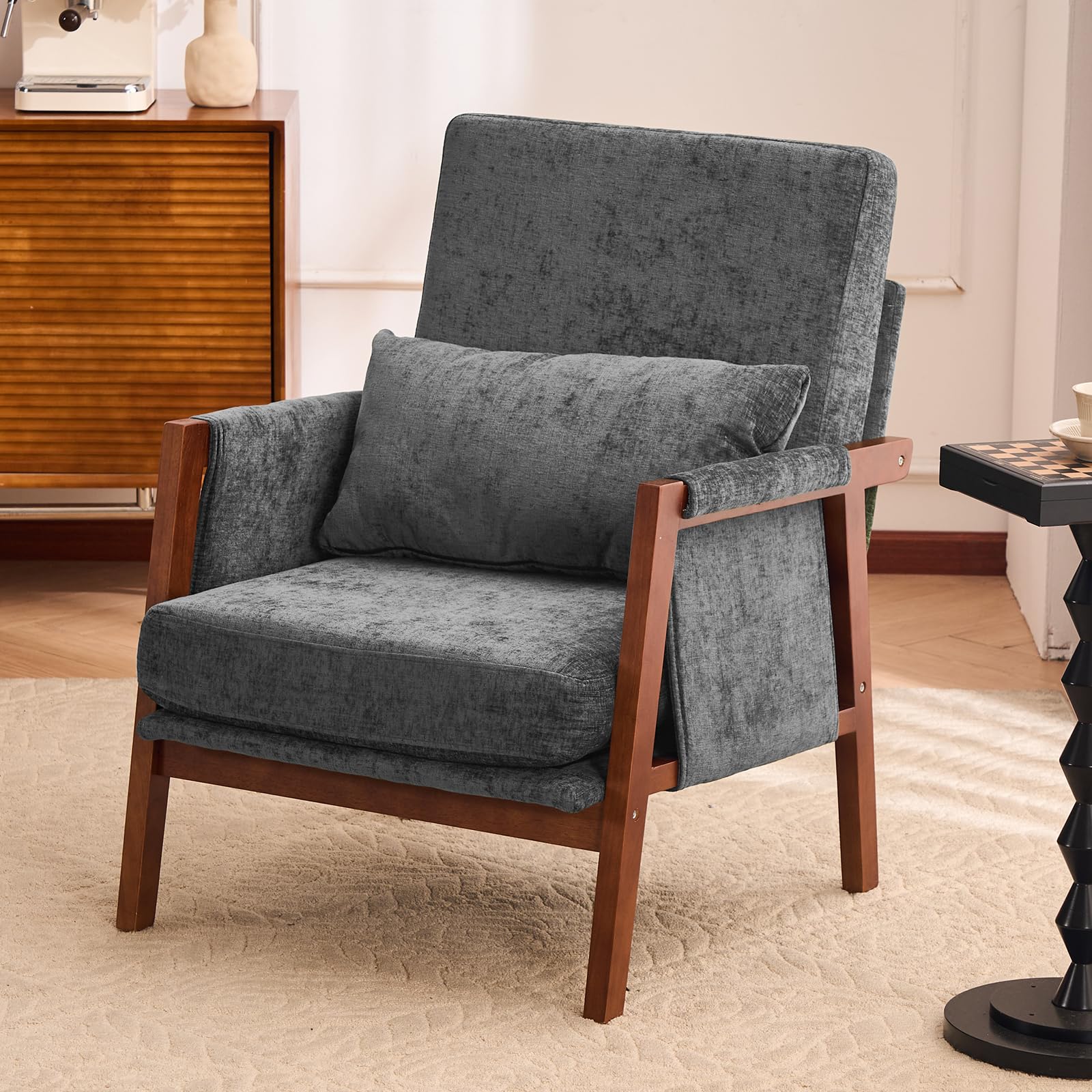 Dailyhome Accent Chair Mid-Century Modern Chair with Lumbar Support Pillow, Upholstered Living Room Chairs with Wooden, Chen…