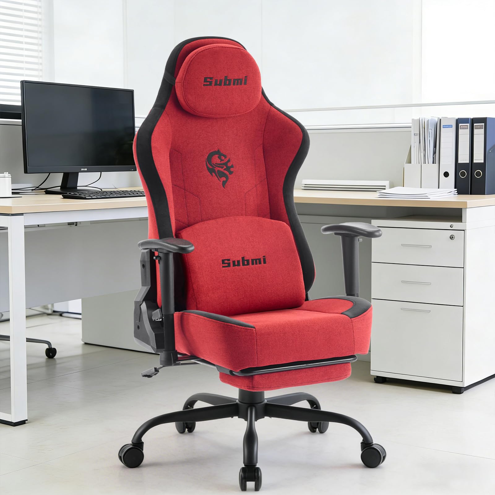 Poltrona Gaming, Gaming Chair con Supporto Lombare, Sedia da Ufficio Ergonomica in Tessuto per PC con Poggiapiedi, Sedia Gaming per Computer per Adolescenti, Regalo (Rot) - image 2