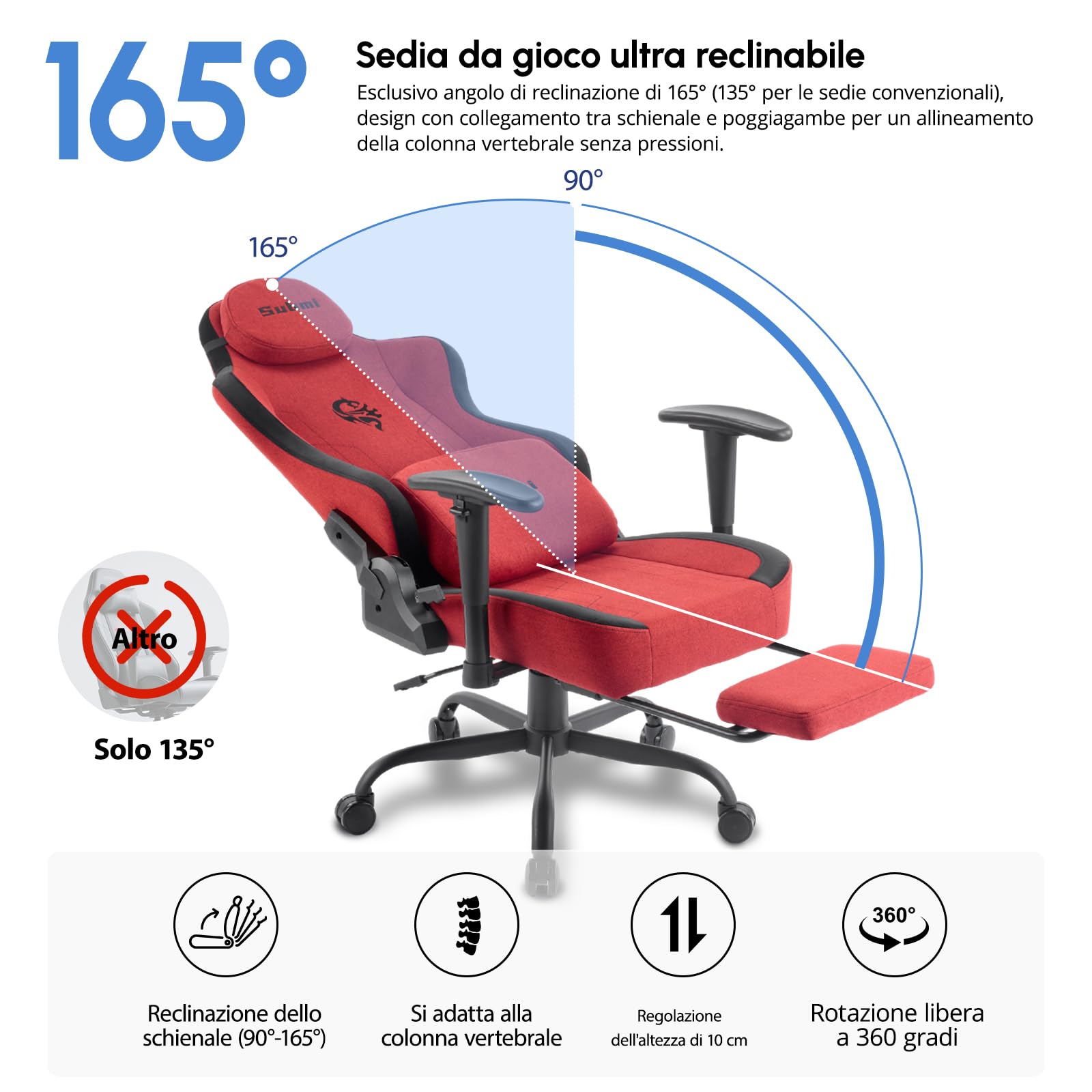 Poltrona Gaming, Gaming Chair con Supporto Lombare, Sedia da Ufficio Ergonomica in Tessuto per PC con Poggiapiedi, Sedia Gaming per Computer per Adolescenti, Regalo (Rot) - image 6