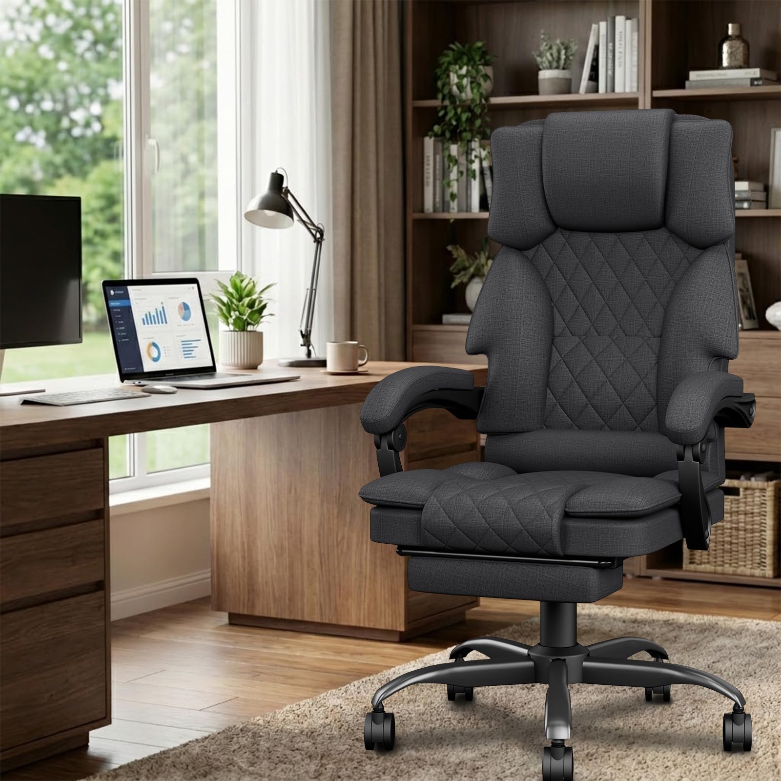 Sedia da Ufficio Ergonomica con Poggiapiedi in Tessuto, Poltrona Ufficio Sedia Scrivania ad Altezza Regolabile con Ruote Piroettanti, Sedia Ufficio per Home, Sedia Gaming, Grigio Scuro - image 2