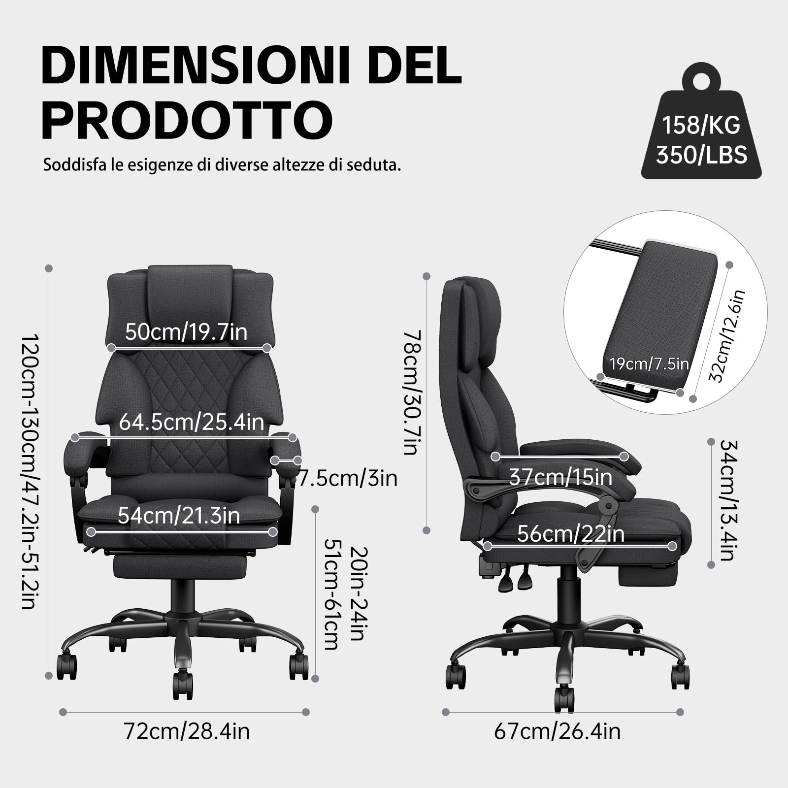 Sedia da Ufficio Ergonomica con Poggiapiedi in Tessuto, Poltrona Ufficio Sedia Scrivania ad Altezza Regolabile con Ruote Piroettanti, Sedia Ufficio per Home, Sedia Gaming, Grigio Scuro - image 3
