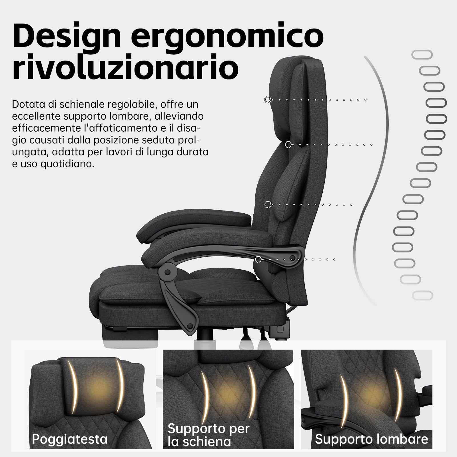 Sedia da Ufficio Ergonomica con Poggiapiedi in Tessuto, Poltrona Ufficio Sedia Scrivania ad Altezza Regolabile con Ruote Piroettanti, Sedia Ufficio per Home, Sedia Gaming, Grigio Scuro - image 4