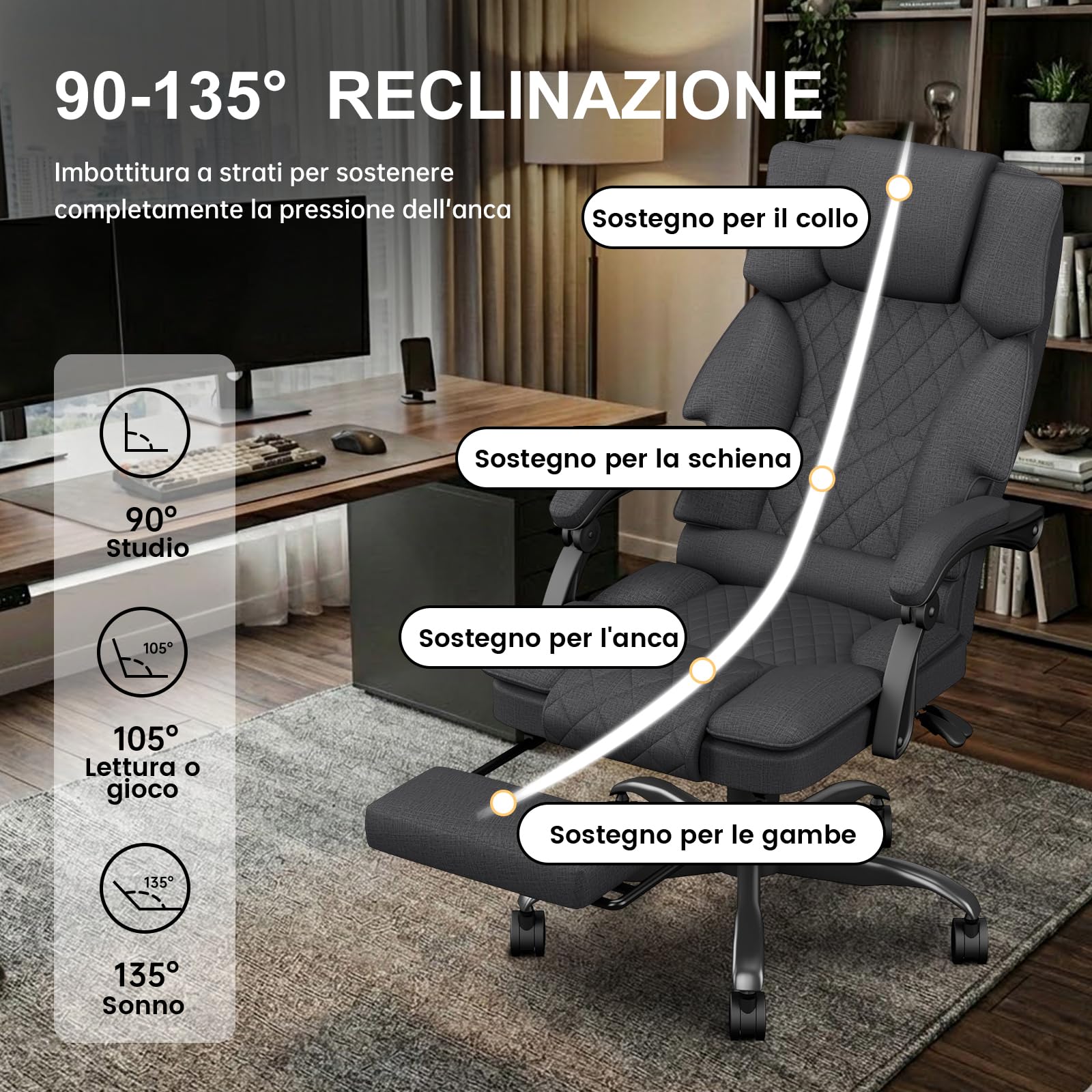 Sedia da Ufficio Ergonomica con Poggiapiedi in Tessuto, Poltrona Ufficio Sedia Scrivania ad Altezza Regolabile con Ruote Piroettanti, Sedia Ufficio per Home, Sedia Gaming, Grigio Scuro - image 5