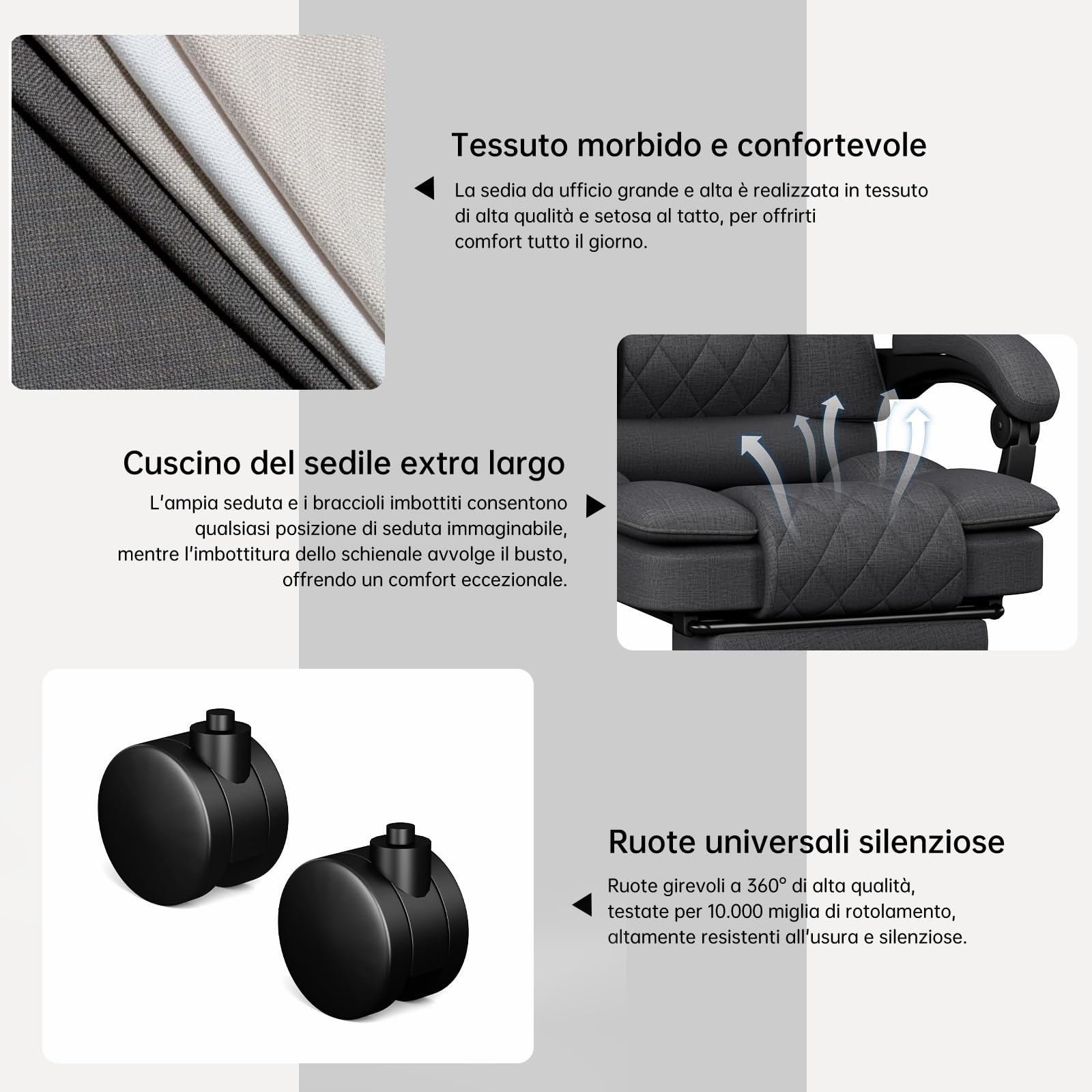 Sedia da Ufficio Ergonomica con Poggiapiedi in Tessuto, Poltrona Ufficio Sedia Scrivania ad Altezza Regolabile con Ruote Piroettanti, Sedia Ufficio per Home, Sedia Gaming, Grigio Scuro - image 7