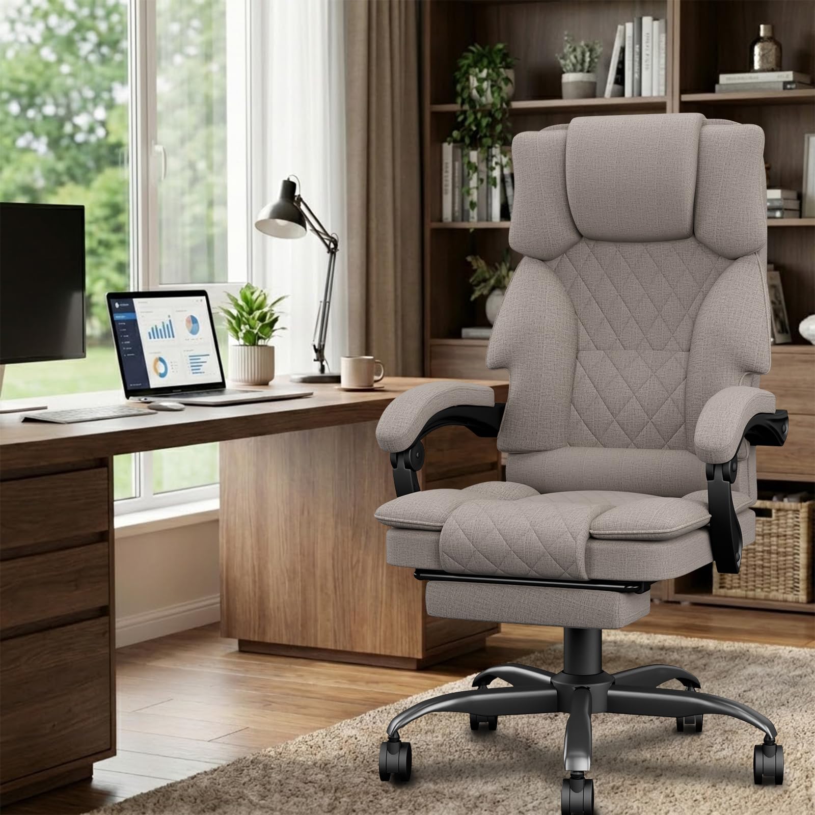 Sedia Scrivania Ergonomica per Casa e Ufficio, Sedia da Ufficio Regolabile in Altezza in Tessuto per Adulti con Poggiapiedi, Poltrona Ufficio Sedia Girevole Ampia Seduta 160 kg, Marrone Chiaro - image 2