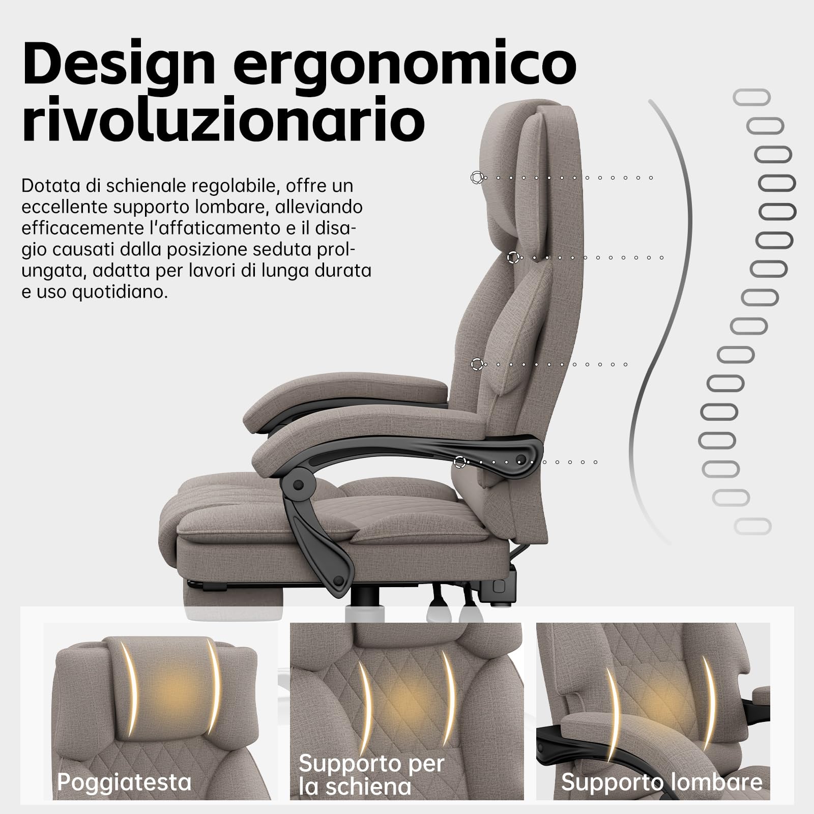 Sedia Scrivania Ergonomica per Casa e Ufficio, Sedia da Ufficio Regolabile in Altezza in Tessuto per Adulti con Poggiapiedi, Poltrona Ufficio Sedia Girevole Ampia Seduta 160 kg, Marrone Chiaro - image 4