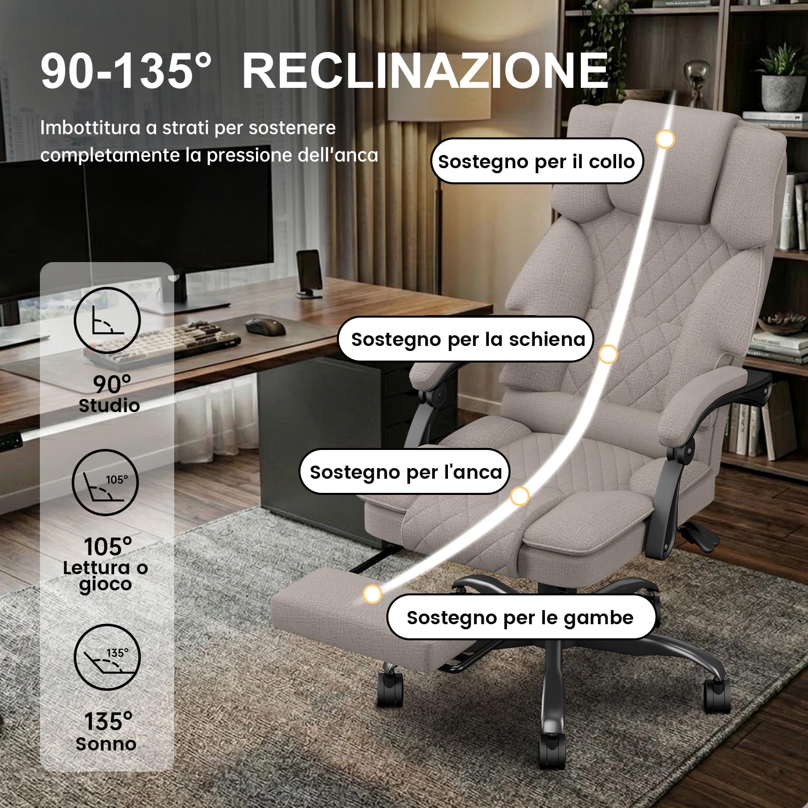 Sedia Scrivania Ergonomica per Casa e Ufficio, Sedia da Ufficio Regolabile in Altezza in Tessuto per Adulti con Poggiapiedi, Poltrona Ufficio Sedia Girevole Ampia Seduta 160 kg, Marrone Chiaro - image 5