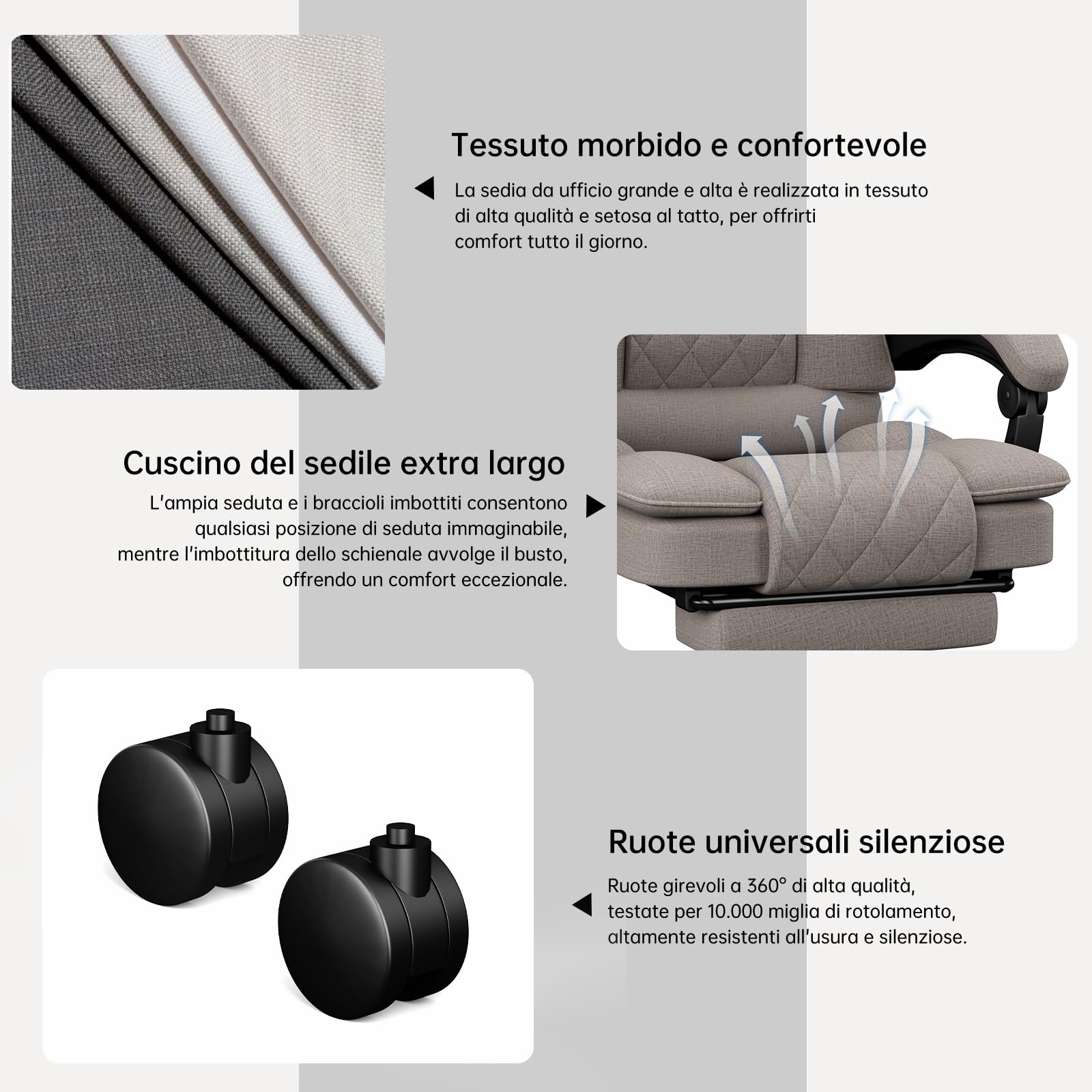 Sedia Scrivania Ergonomica per Casa e Ufficio, Sedia da Ufficio Regolabile in Altezza in Tessuto per Adulti con Poggiapiedi, Poltrona Ufficio Sedia Girevole Ampia Seduta 160 kg, Marrone Chiaro - image 7