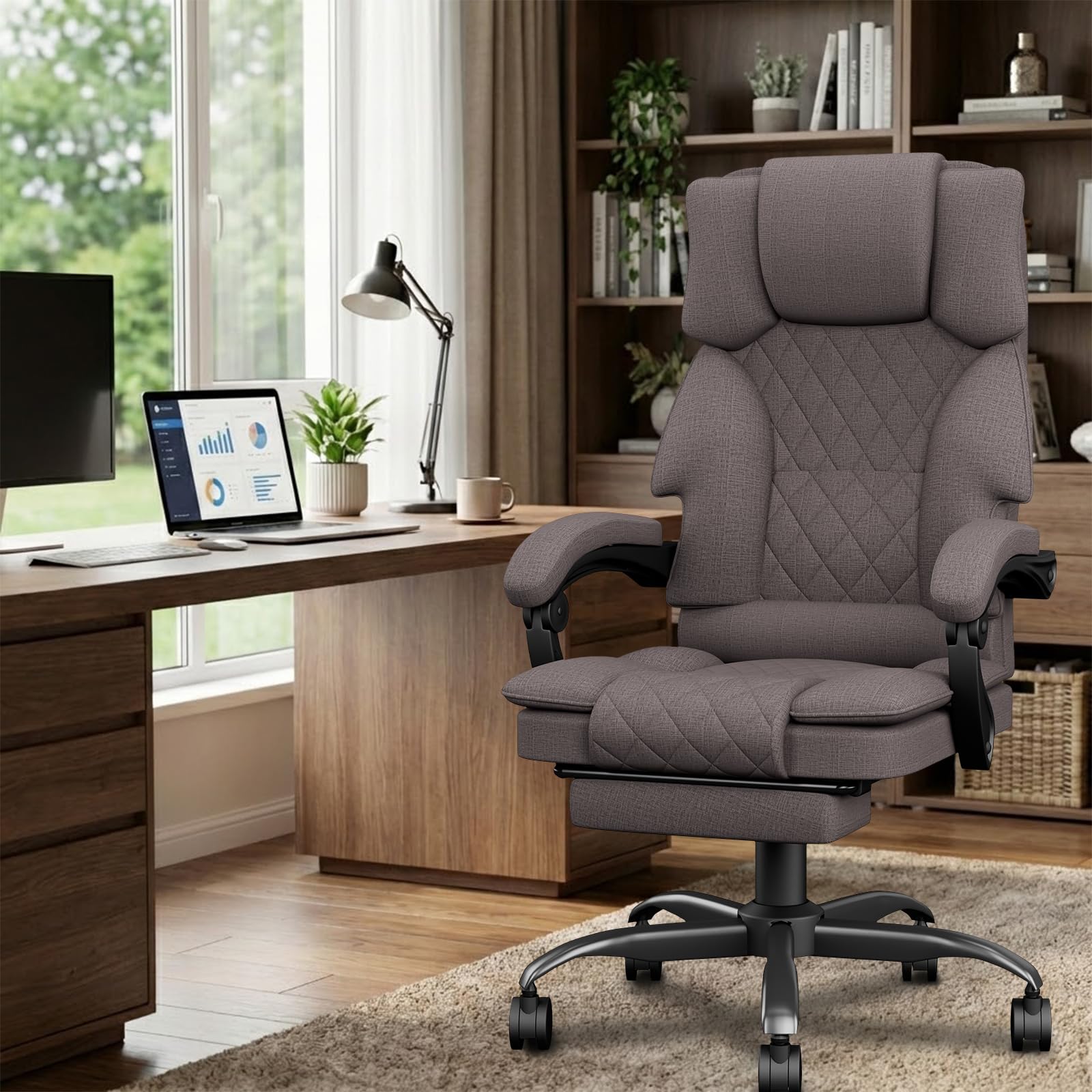 Sedia Gaming con Schienale Ampio Sedia Ufficio per Adulti con Poggiapiedi per Home Office, Sedia da Scrivania Regolabile in Altezza Poltrona Ufficio con Funzione Reclinabile, Marrone Scuro - image 2