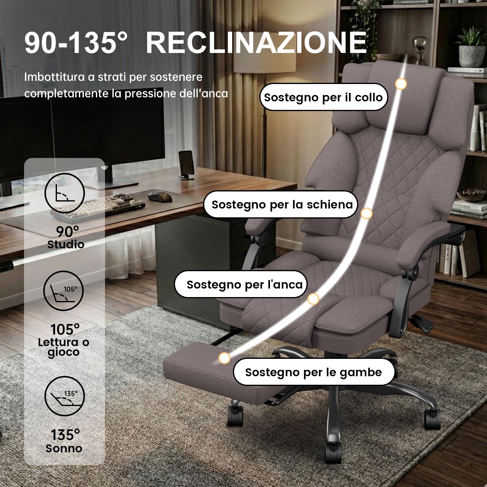 Sedia Gaming con Schienale Ampio Sedia Ufficio per Adulti con Poggiapiedi per Home Office, Sedia da Scrivania Regolabile in Altezza Poltrona Ufficio con Funzione Reclinabile, Marrone Scuro - image 5