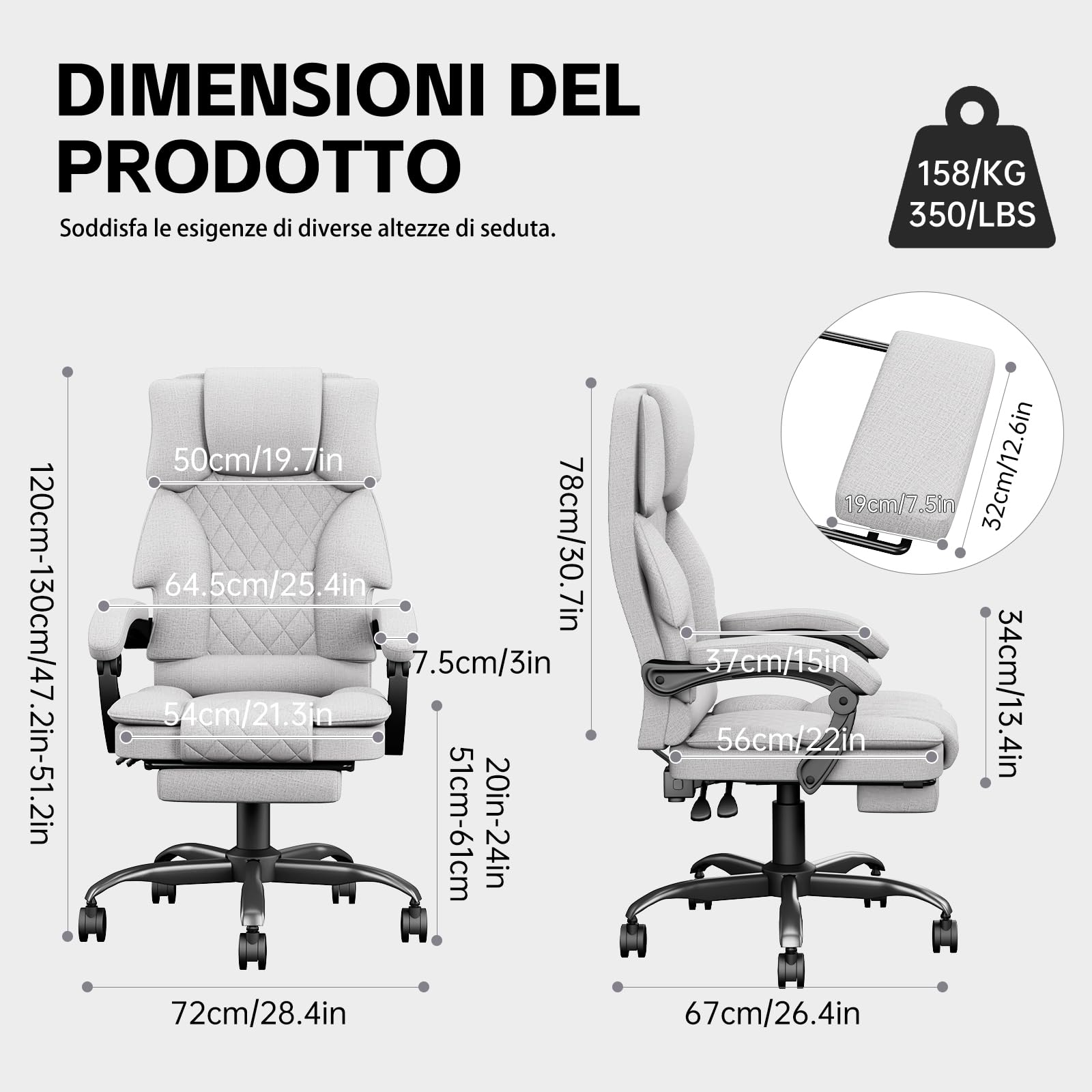 Sedia Ufficio Sedia Scrivania Ergonomica per Casa e Ufficio, Sedia da Scrivania con Schienale Regolabile Sedie Computer Gaming Chair Poltrona Scrivania con Poggiapiedi in Tessuto, Grigio - image 3