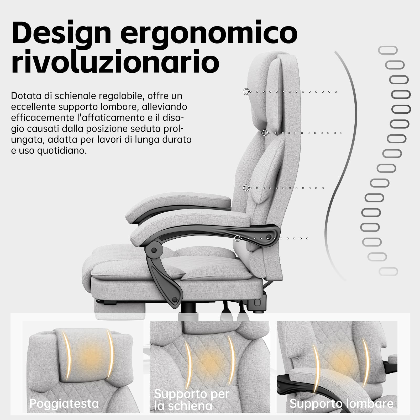 Sedia Ufficio Sedia Scrivania Ergonomica per Casa e Ufficio, Sedia da Scrivania con Schienale Regolabile Sedie Computer Gaming Chair Poltrona Scrivania con Poggiapiedi in Tessuto, Grigio - image 4
