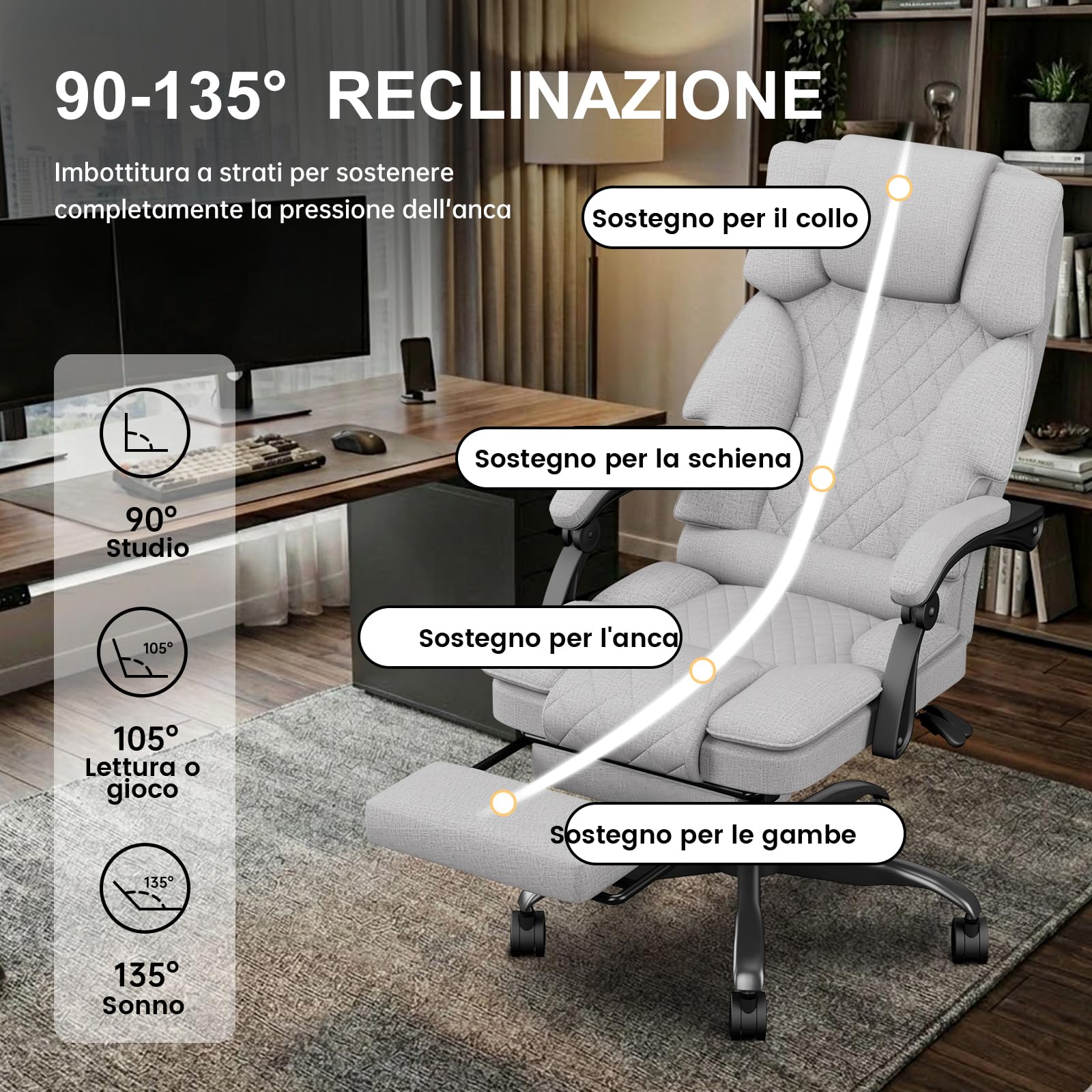 Sedia Ufficio Sedia Scrivania Ergonomica per Casa e Ufficio, Sedia da Scrivania con Schienale Regolabile Sedie Computer Gaming Chair Poltrona Scrivania con Poggiapiedi in Tessuto, Grigio - image 5