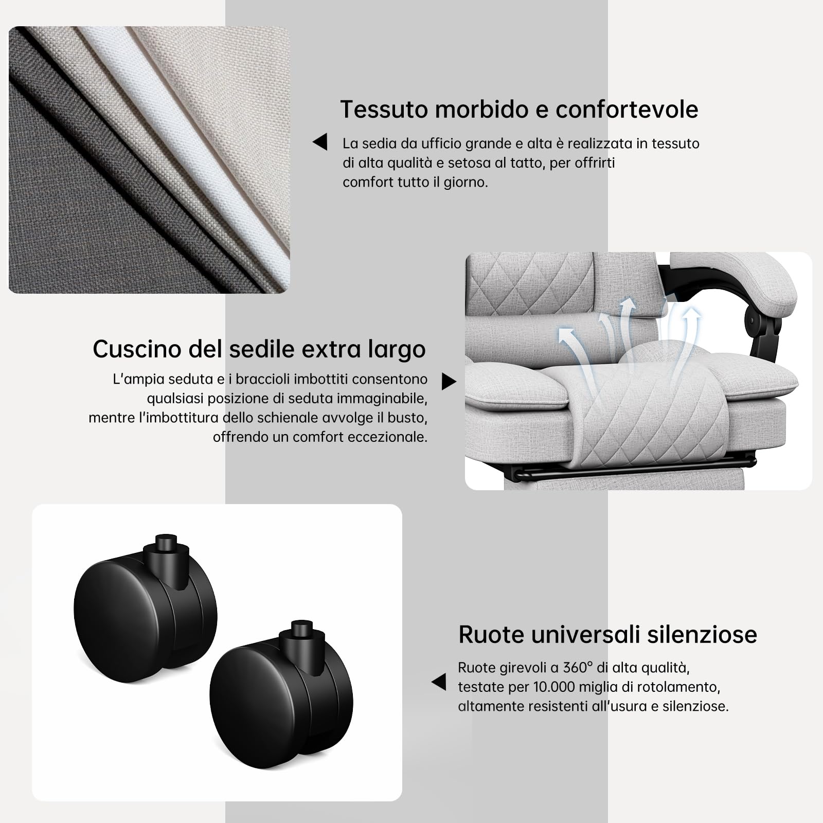 Sedia Ufficio Sedia Scrivania Ergonomica per Casa e Ufficio, Sedia da Scrivania con Schienale Regolabile Sedie Computer Gaming Chair Poltrona Scrivania con Poggiapiedi in Tessuto, Grigio - image 7