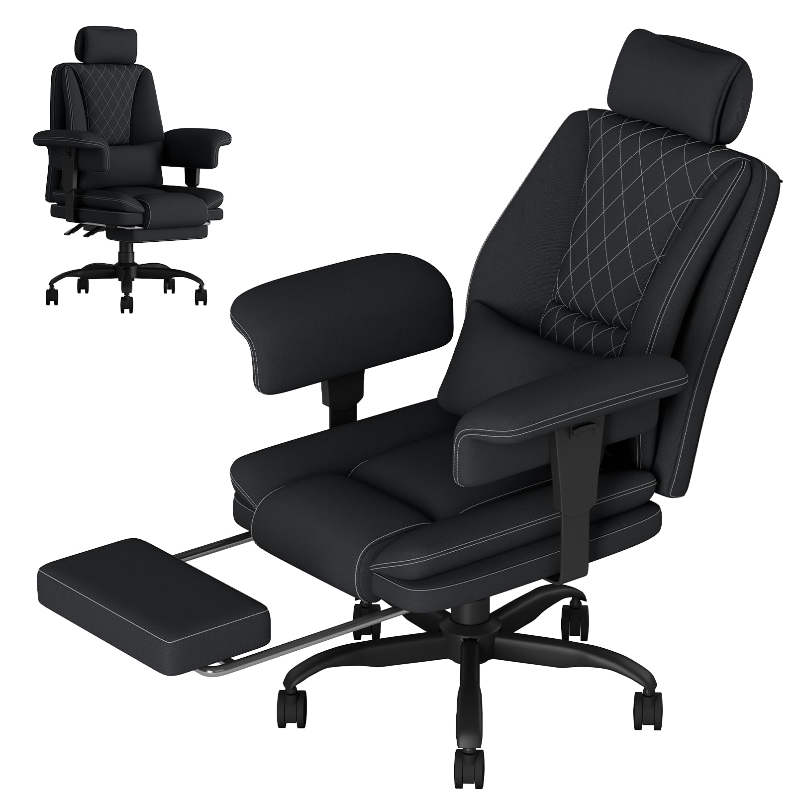 Sedia Ufficio Big & Tall con Schienale Alto, Sedia Scrivania, Poltrona Ufficio Ergonomica Braccioli Sollevabile in Tessuto Tecnico, Sedia Gaming con Poggiapiedi e Supporto Lombare, 200KG, Nero - image 1
