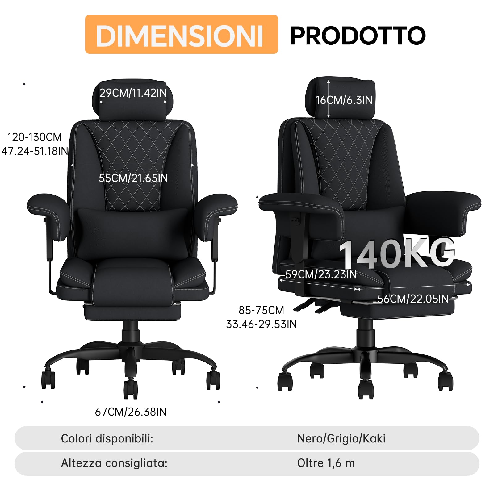 Sedia Ufficio Big & Tall con Schienale Alto, Sedia Scrivania, Poltrona Ufficio Ergonomica Braccioli Sollevabile in Tessuto Tecnico, Sedia Gaming con Poggiapiedi e Supporto Lombare, 200KG, Nero - image 2