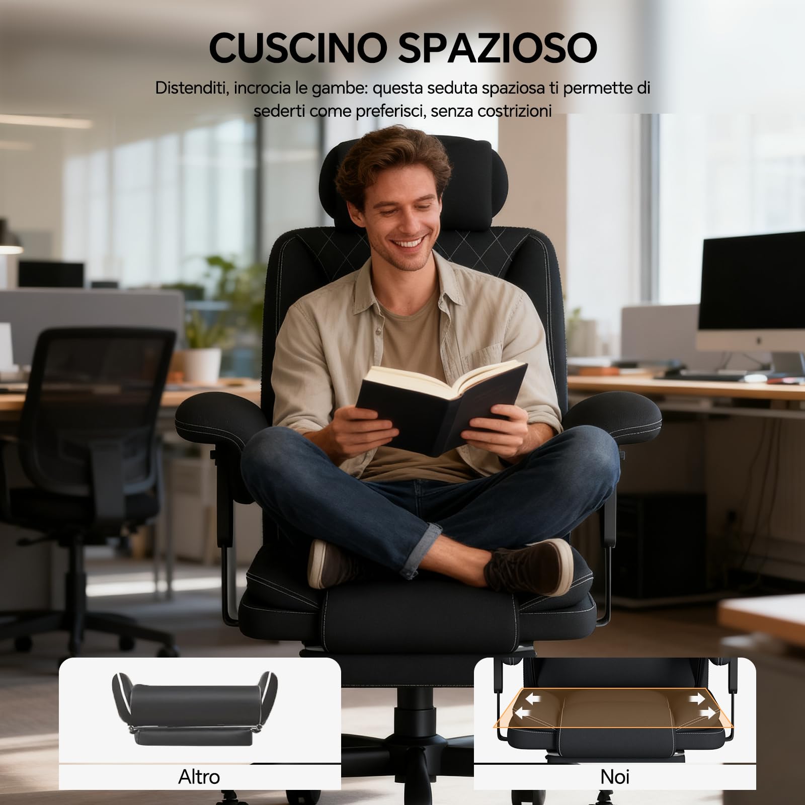 Sedia Ufficio Big & Tall con Schienale Alto, Sedia Scrivania, Poltrona Ufficio Ergonomica Braccioli Sollevabile in Tessuto Tecnico, Sedia Gaming con Poggiapiedi e Supporto Lombare, 200KG, Nero - image 6