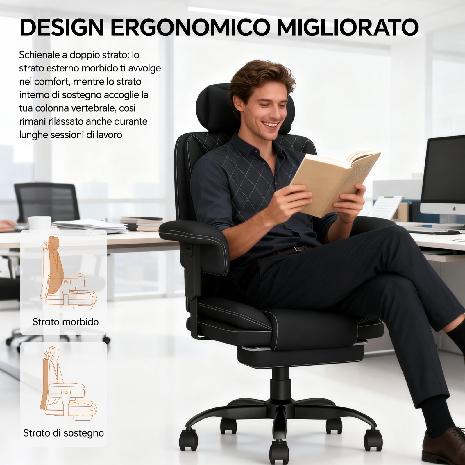 Sedia Ufficio Big & Tall con Schienale Alto, Sedia Scrivania, Poltrona Ufficio Ergonomica Braccioli Sollevabile in Tessuto Tecnico, Sedia Gaming con Poggiapiedi e Supporto Lombare, 200KG, Nero - image 7