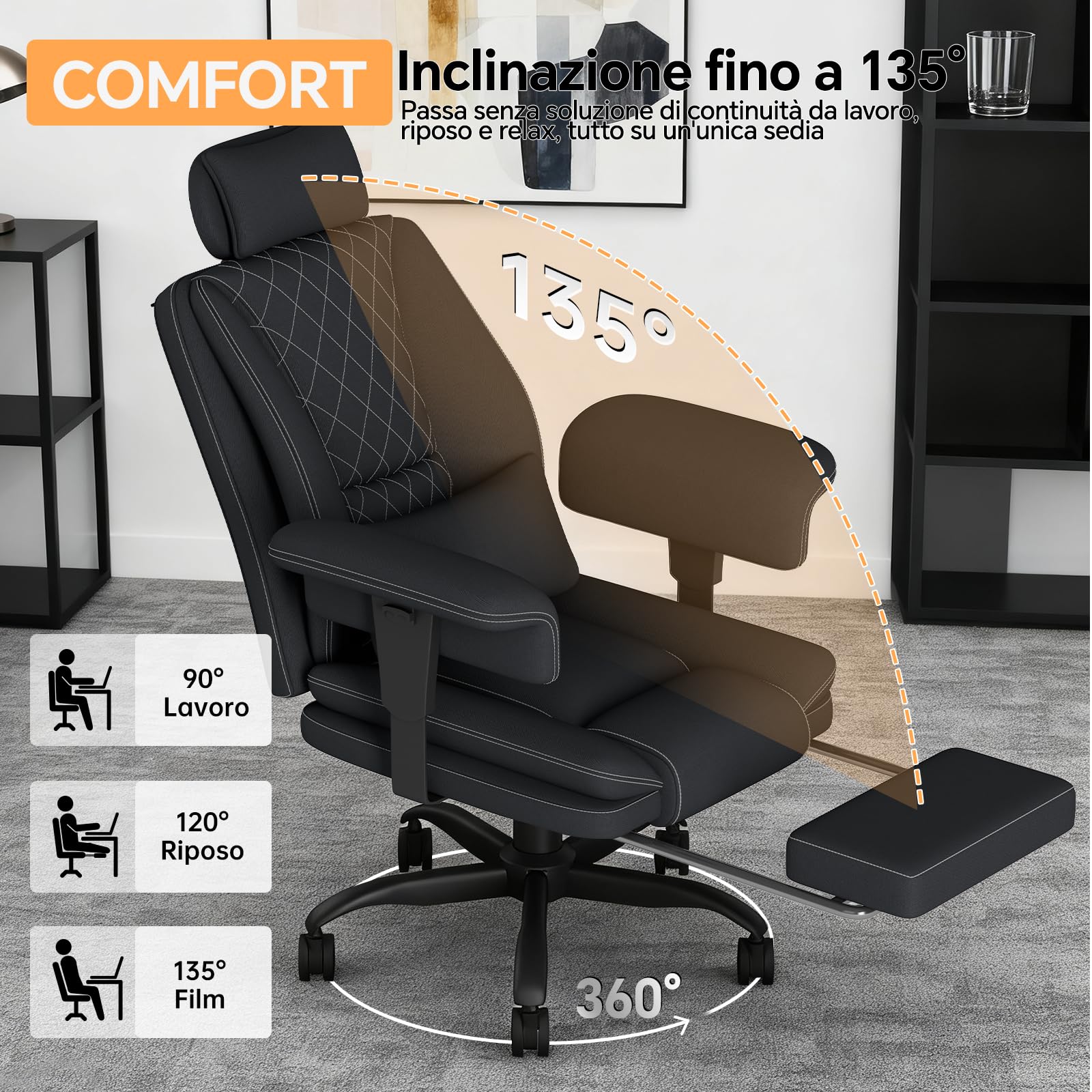 Sedia Ufficio Big & Tall con Schienale Alto, Sedia Scrivania, Poltrona Ufficio Ergonomica Braccioli Sollevabile in Tessuto Tecnico, Sedia Gaming con Poggiapiedi e Supporto Lombare, 200KG, Nero - image 8