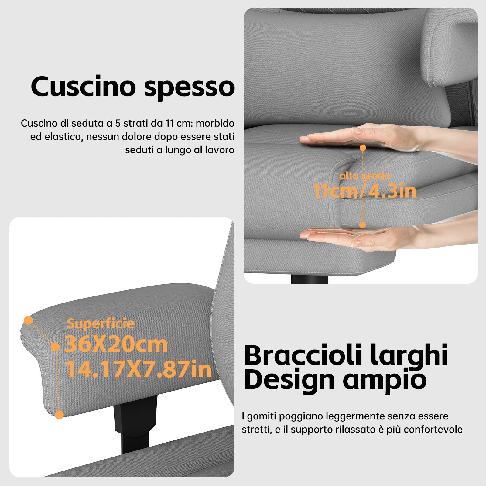Sedia Scrivania Sedia Ufficio Direzionale Braccioli Sollevabile, Poltrona Ufficio Ergonomica con Schienale Alto Regolabile in Altezza con Supporto Lombare, Sedia da Ufficio 200KG, Grigio - image 3