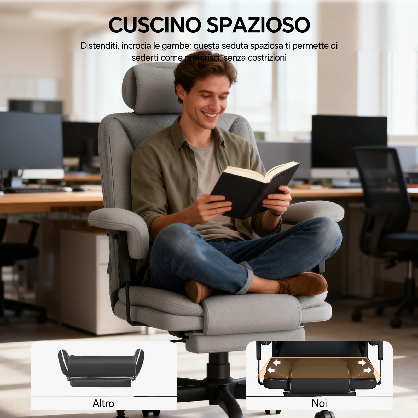Sedia Scrivania Sedia Ufficio Direzionale Braccioli Sollevabile, Poltrona Ufficio Ergonomica con Schienale Alto Regolabile in Altezza con Supporto Lombare, Sedia da Ufficio 200KG, Grigio - image 6