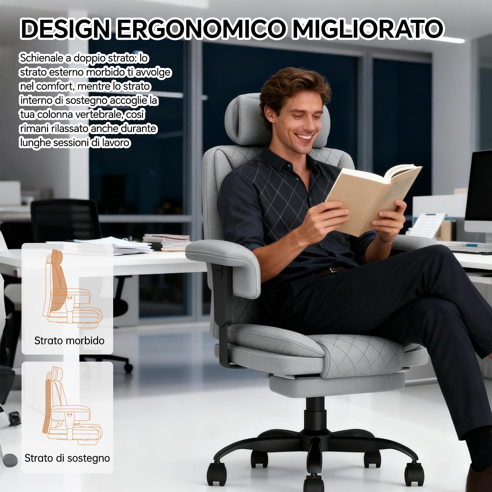 Sedia Scrivania Sedia Ufficio Direzionale Braccioli Sollevabile, Poltrona Ufficio Ergonomica con Schienale Alto Regolabile in Altezza con Supporto Lombare, Sedia da Ufficio 200KG, Grigio - image 7