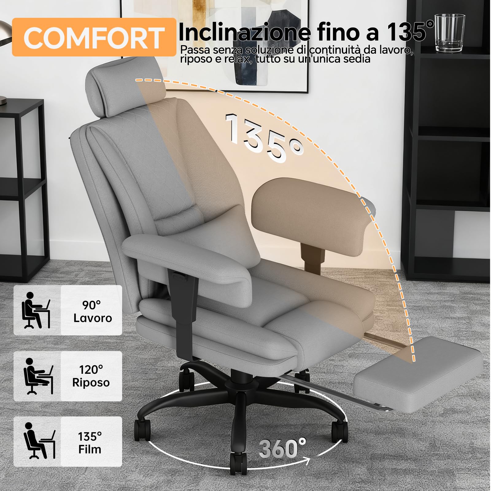 Sedia Scrivania Sedia Ufficio Direzionale Braccioli Sollevabile, Poltrona Ufficio Ergonomica con Schienale Alto Regolabile in Altezza con Supporto Lombare, Sedia da Ufficio 200KG, Grigio - image 8