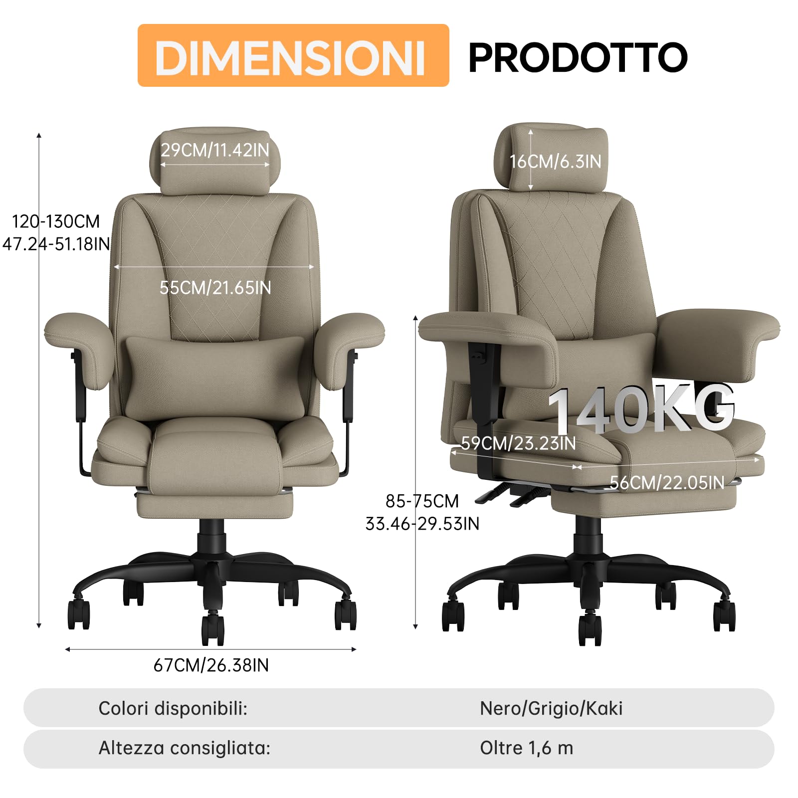 Sedia Ufficio Ergonomica 200KG, Sedia Gaming a Seduta Ampia per Pesanti, Big & Tall Poltrona Ufficio Direzionale Reclinabile con Schienale Alto, Braccioli Sollevabili, Poggiagambe, Cachi - image 2