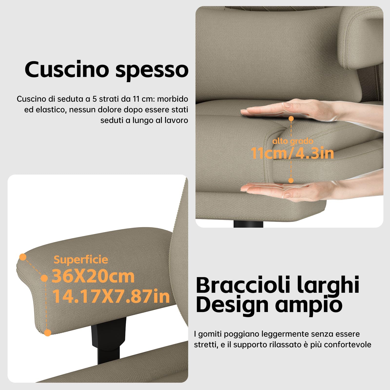 Sedia Ufficio Ergonomica 200KG, Sedia Gaming a Seduta Ampia per Pesanti, Big & Tall Poltrona Ufficio Direzionale Reclinabile con Schienale Alto, Braccioli Sollevabili, Poggiagambe, Cachi - image 3