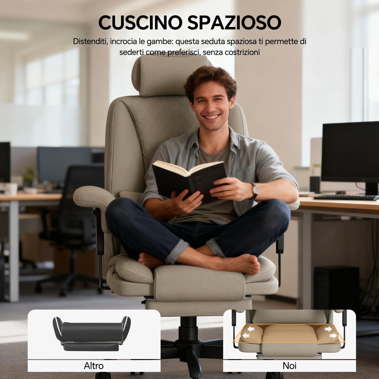Sedia Ufficio Ergonomica 200KG, Sedia Gaming a Seduta Ampia per Pesanti, Big & Tall Poltrona Ufficio Direzionale Reclinabile con Schienale Alto, Braccioli Sollevabili, Poggiagambe, Cachi - image 6