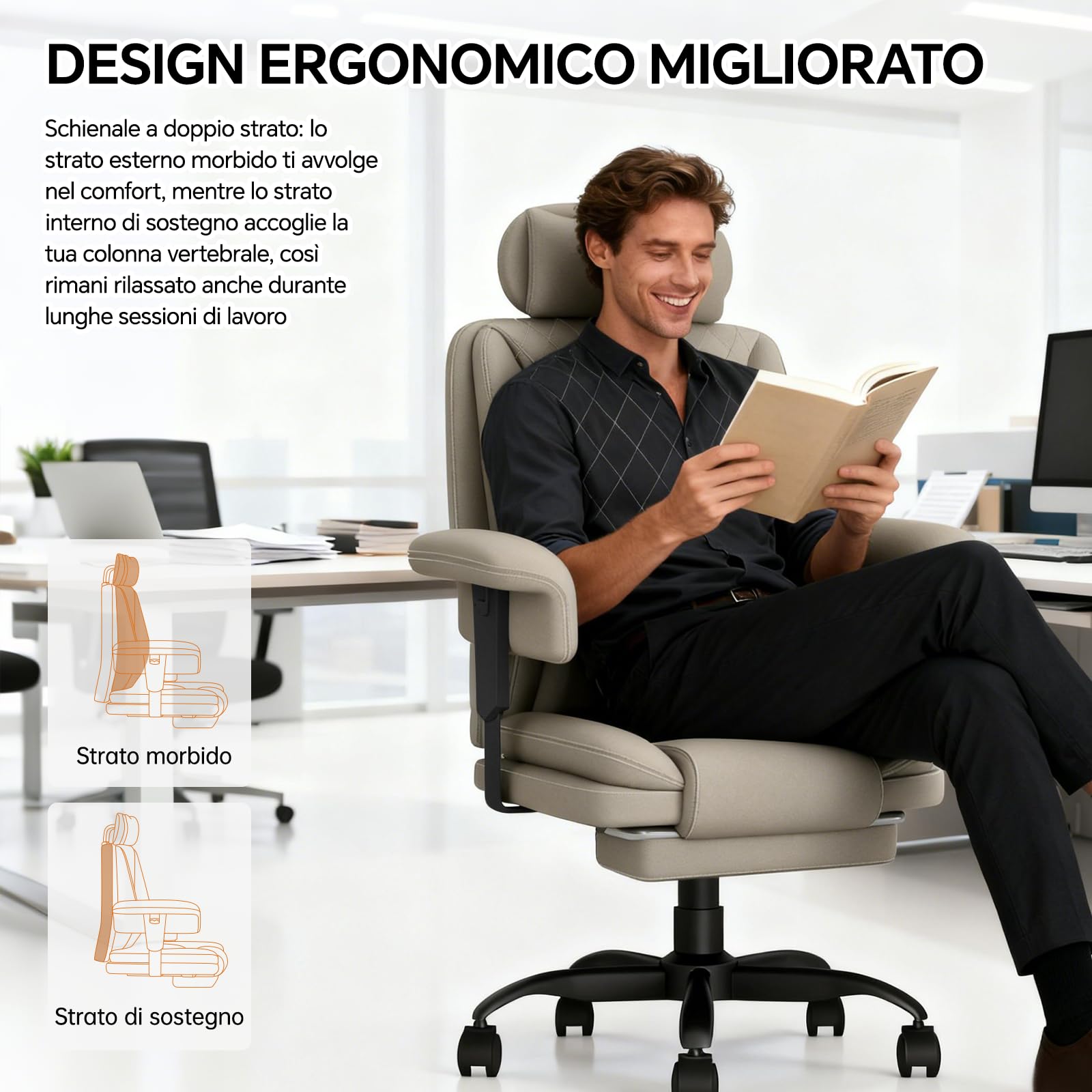Sedia Ufficio Ergonomica 200KG, Sedia Gaming a Seduta Ampia per Pesanti, Big & Tall Poltrona Ufficio Direzionale Reclinabile con Schienale Alto, Braccioli Sollevabili, Poggiagambe, Cachi - image 7