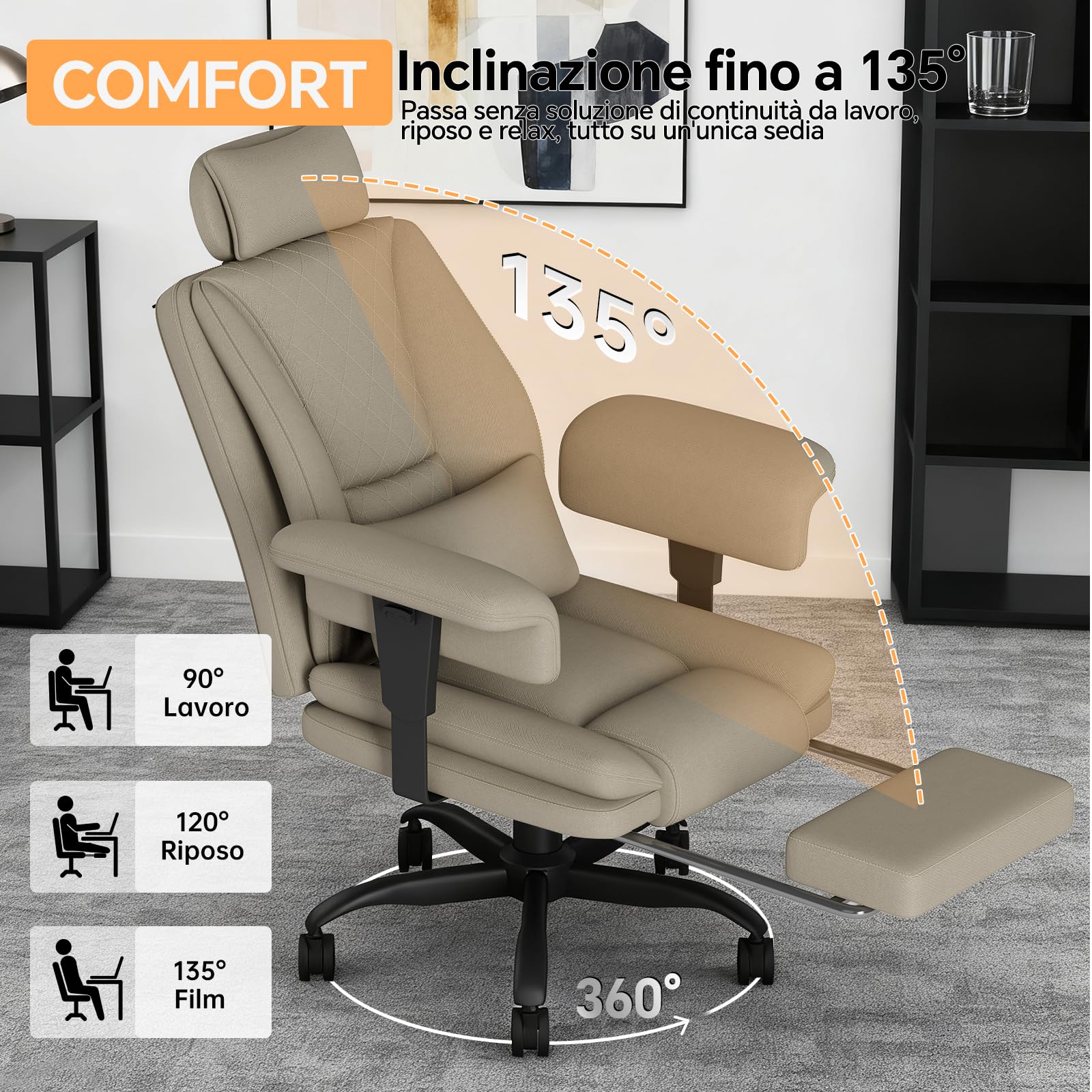 Sedia Ufficio Ergonomica 200KG, Sedia Gaming a Seduta Ampia per Pesanti, Big & Tall Poltrona Ufficio Direzionale Reclinabile con Schienale Alto, Braccioli Sollevabili, Poggiagambe, Cachi - image 8